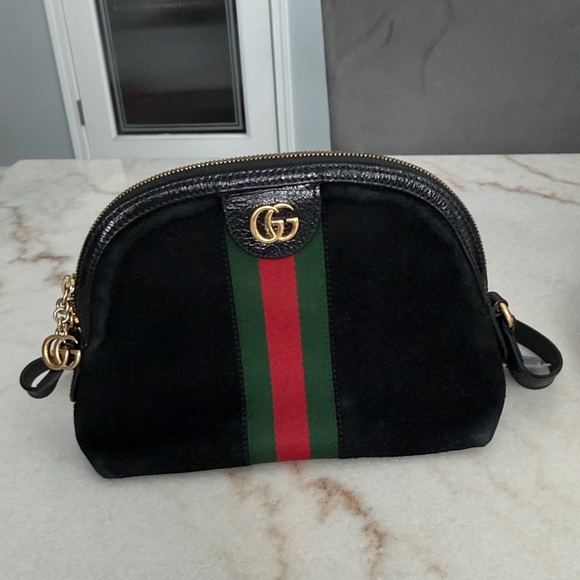 Gucci Black Suede Crossbody Bag with Green and Red Stripe - Picture 1 of 6